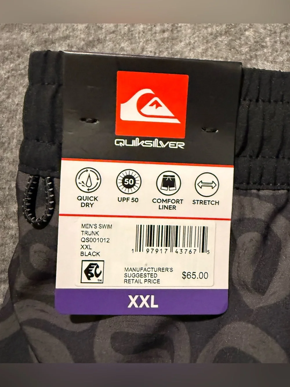 Quicksilver Swim Trunks Shorts Mens XXL Gray Black Patterned UPF 50 Quick Dry